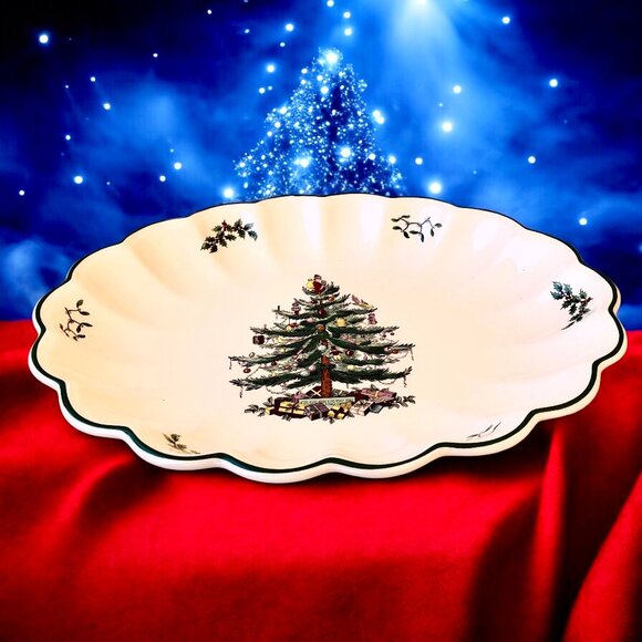 Spode Christmas Tree Oval Fluted Platter Dish Large New - Picture 2 of 12
